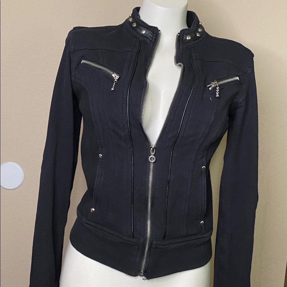 Pepe Jeans vintage Black cotton Bomber Moto style zip front 90s Jacket L